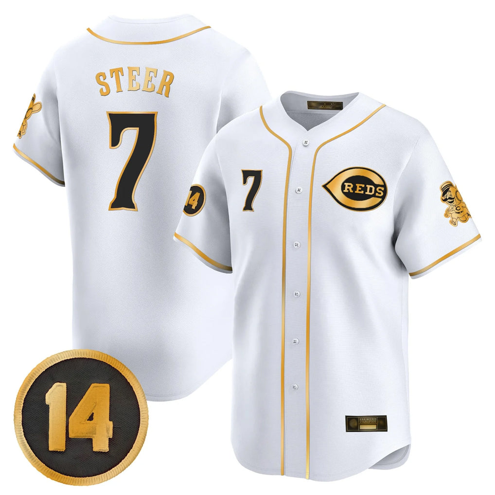 C.Reds #7 Spencer Steer Player White-Gold Vapor Premier Limited Home Edoa Stitched Jerseys
