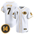 C.Reds #7 Spencer Steer Player White-Gold Vapor Premier Limited Home Edoa Stitched Jerseys