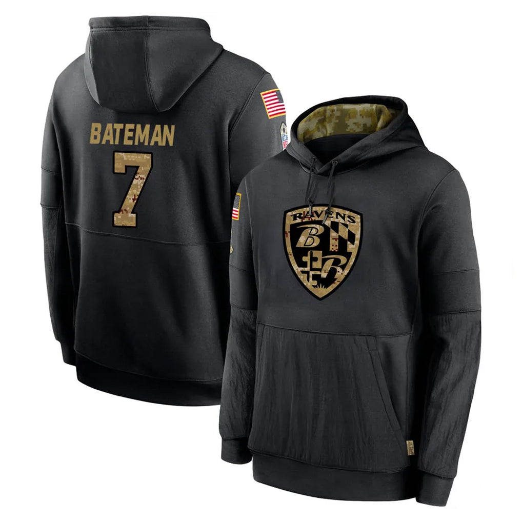 B.Ravens #7 Rashod Bateman Player Black Salute to Service Pullover Hoodie Edoa Stitched Jerseys