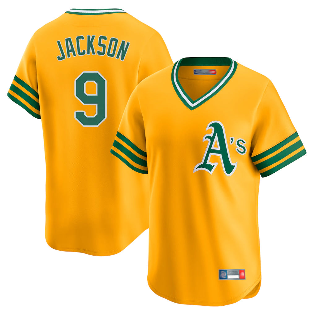 Athletics #9 Reggie Jackson Player Gold Cooperstown Collection T-shirt Game Edoa Stitched Jerseys