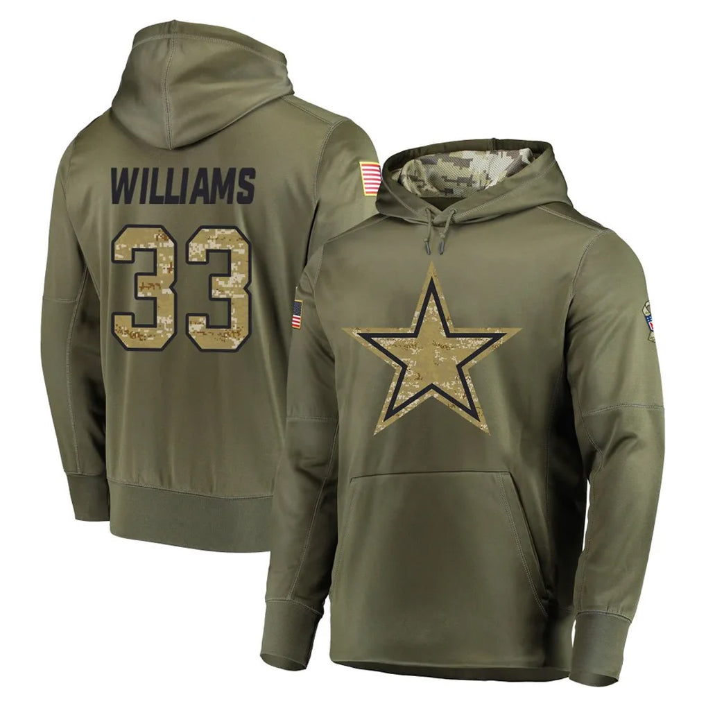 D.Cowboys #33 Javonte Williams Player Olive Salute to Service Pullover Hoodies Home Game Edoa Stitched Jerseys