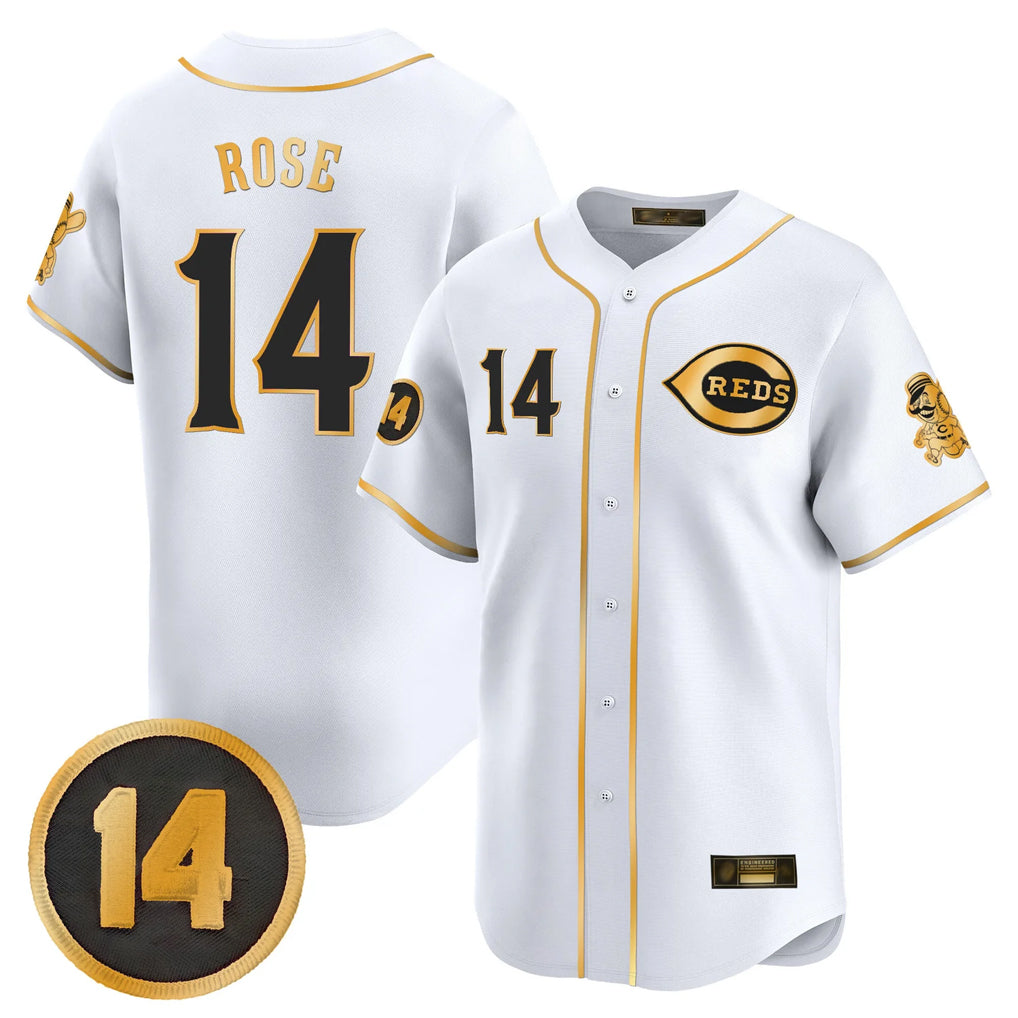 C.Reds #14 Pete Rose Player White-Gold Vapor Premier Limited Home Edoa Stitched Jerseys