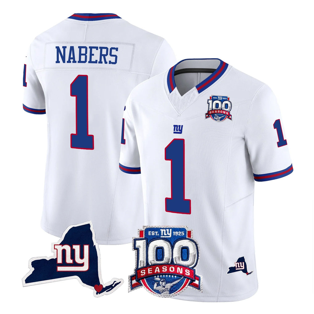 NY.Giants #1 Malik Nabers Player White 100th Season & State Patch Vapor Limited Home Game Edoa Stitched Jerseys