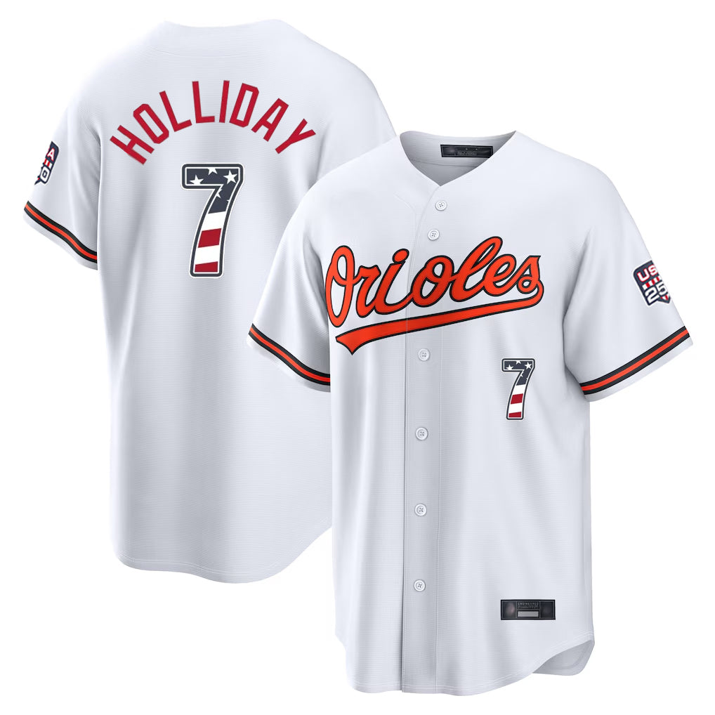B.Orioles #7 Jackson Holliday Player White USA 250 Fourth of July Home Game Edoa Stitched Jerseys