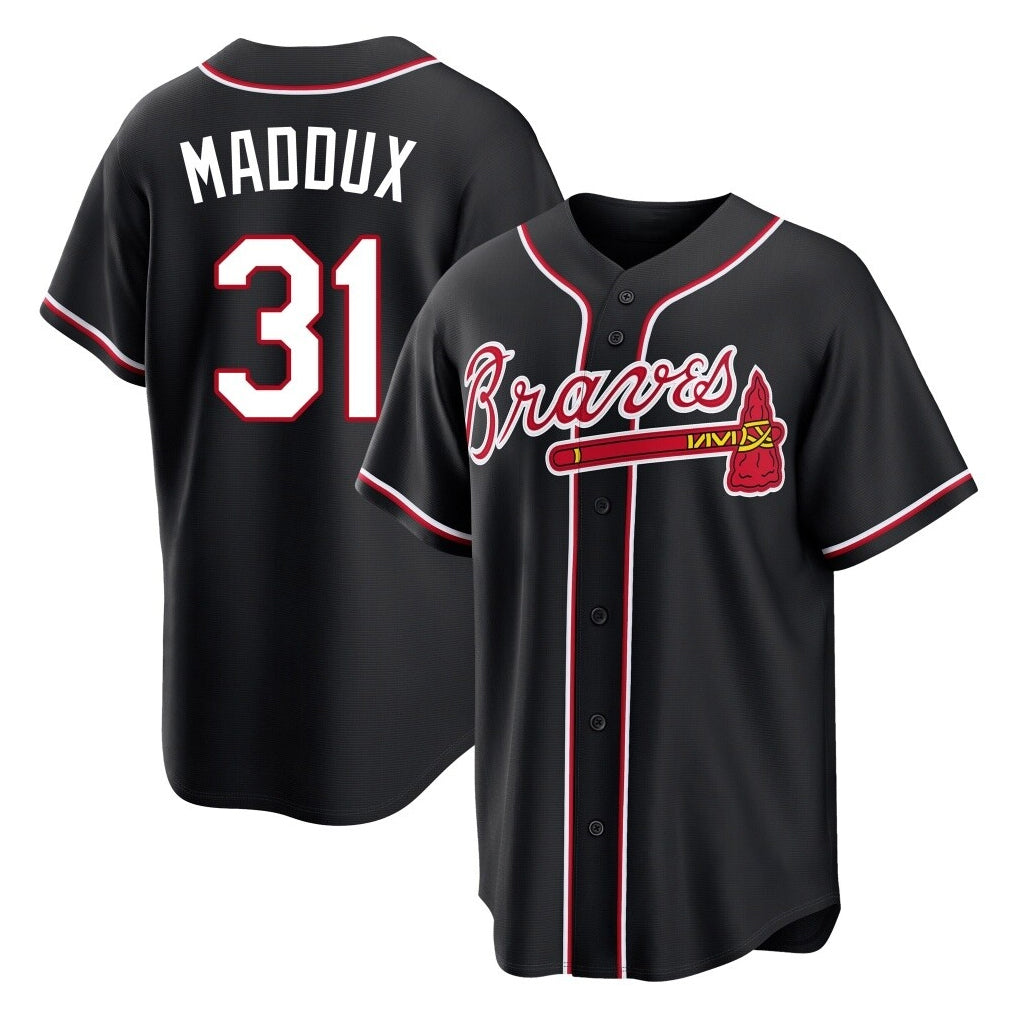 A.Braves #31 Greg Maddux Player Black Fashion Out Game Edoa Stitched Jerseys