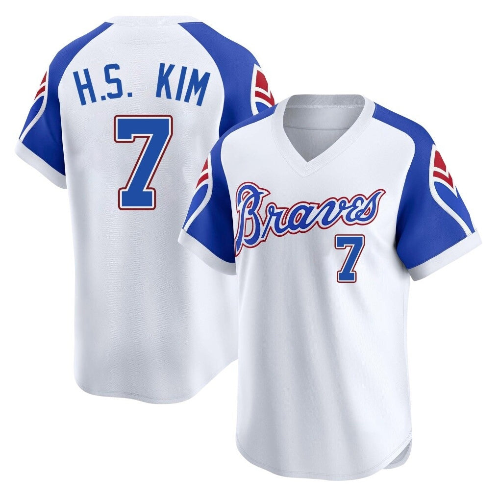 A.Braves #7 Ha-Seong Kim Player White Throwback Cooperstown Collection T-shirt Game Edoa Stitched Jerseys
