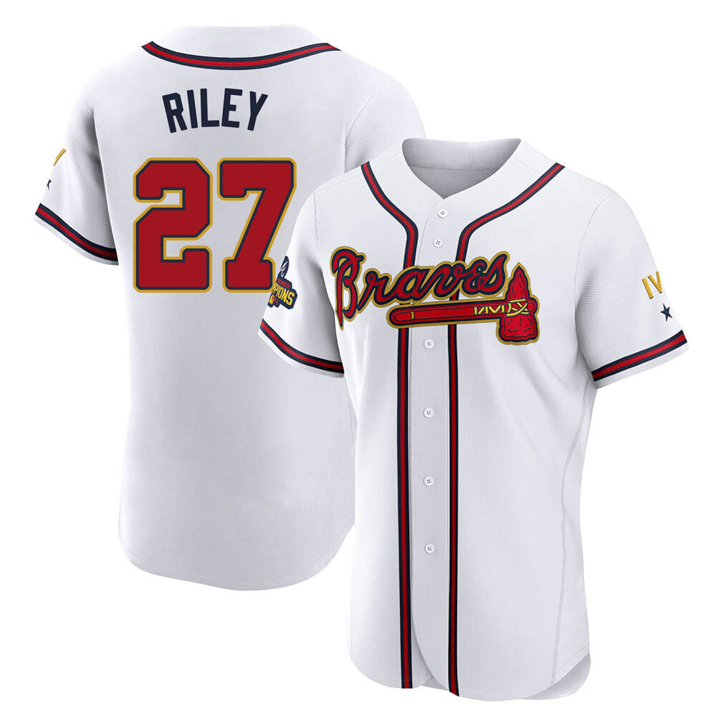 A.Braves #27 Austin Riley Player White Gold Limited Elite Home Game Edoa Stitched Jerseys