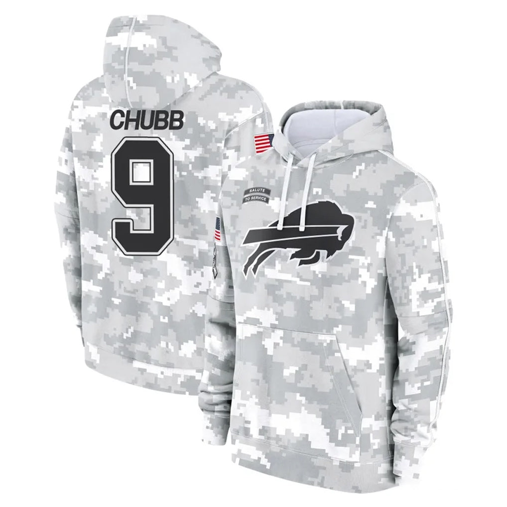 B.Bills #9 Bradley Chubb Player Arctic Camo Salute to Service Hoodies Edoa Stitched Jerseys