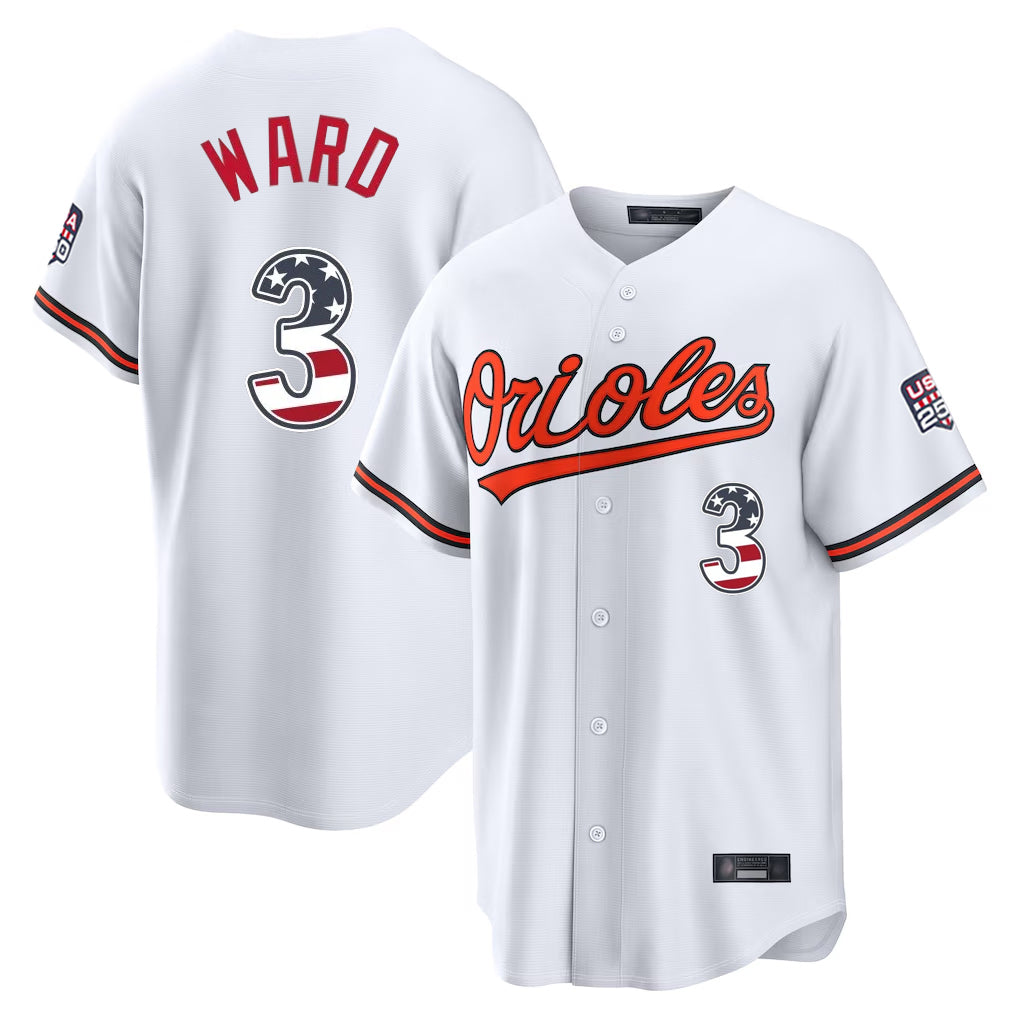 B.Orioles #3 Taylor Ward Player White USA 250 Fourth of July Home Game Edoa Stitched Jerseys