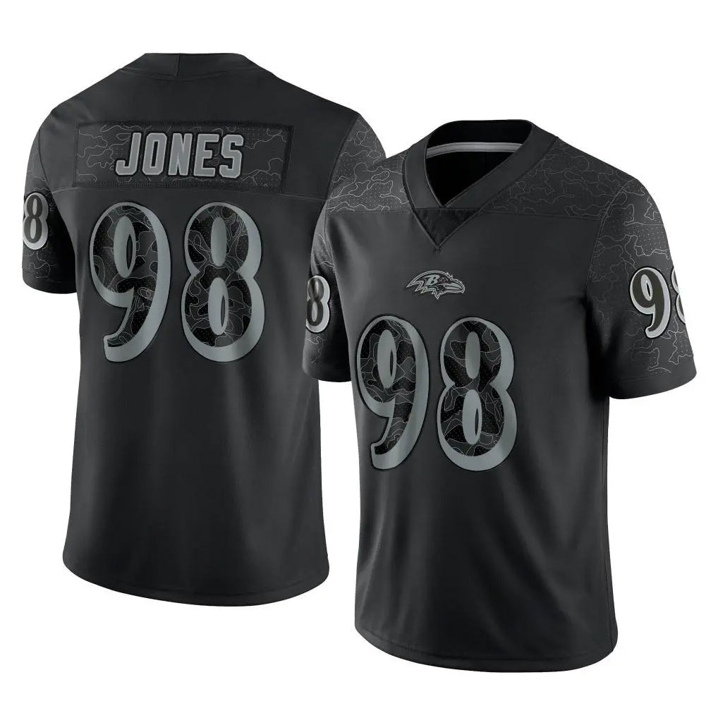B.Ravens #98 Travis Jones Player Black REFLECTIVE Limited Edoa Stitched Jerseys