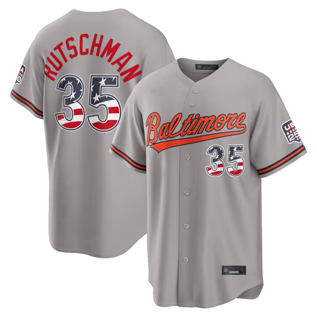 B.Orioles #35 Adley Rutschman Player Gray USA 250 Fourth of July Home Game Edoa Stitched Jerseys