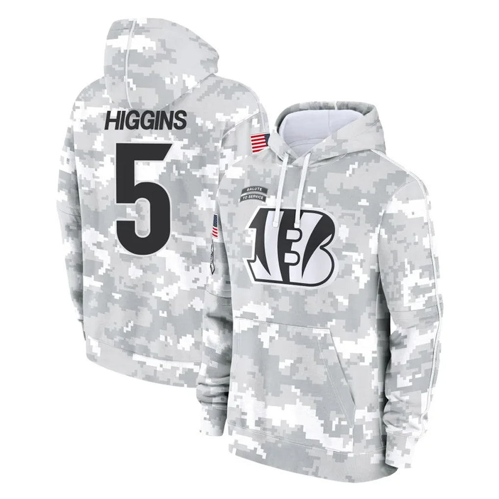 C.Bengals #5 Tee Higgins Player Arctic Camo Salute to Service Pullover Hoodie Limited Edoa Stitched Jerseys