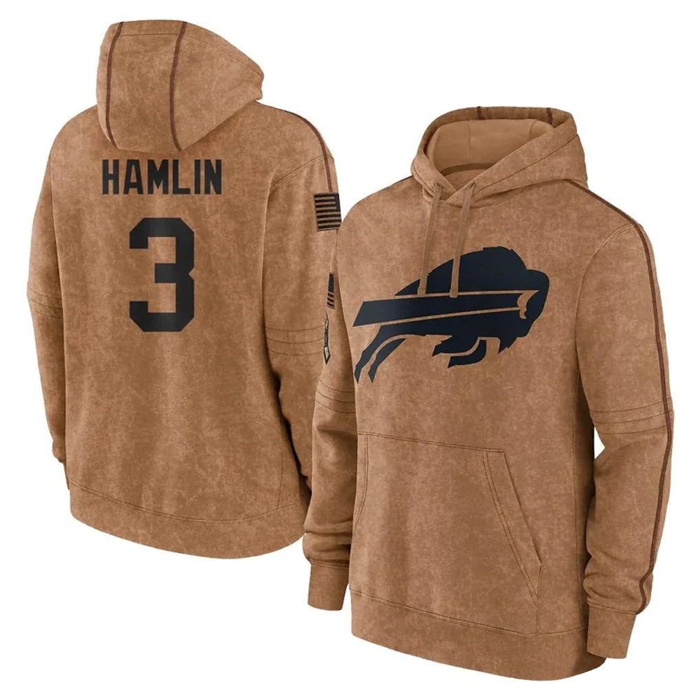 B.Bills #3 Damar Hamlin Player Brown Salute to Service Hoodies Edoa Stitched Jerseys