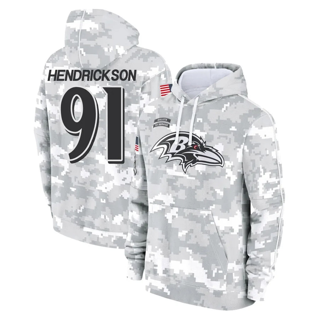 B.Ravens #91 Trey Hendrickson Player Arctic Camo Salute To Service Hoodie Edoa Stitched Jerseys