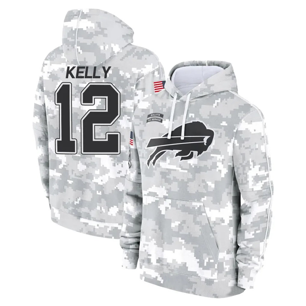 B.Bills #12 Jim Kelly Player Arctic Camo Salute to Service Hoodies Limited Edoa Stitched Jerseys