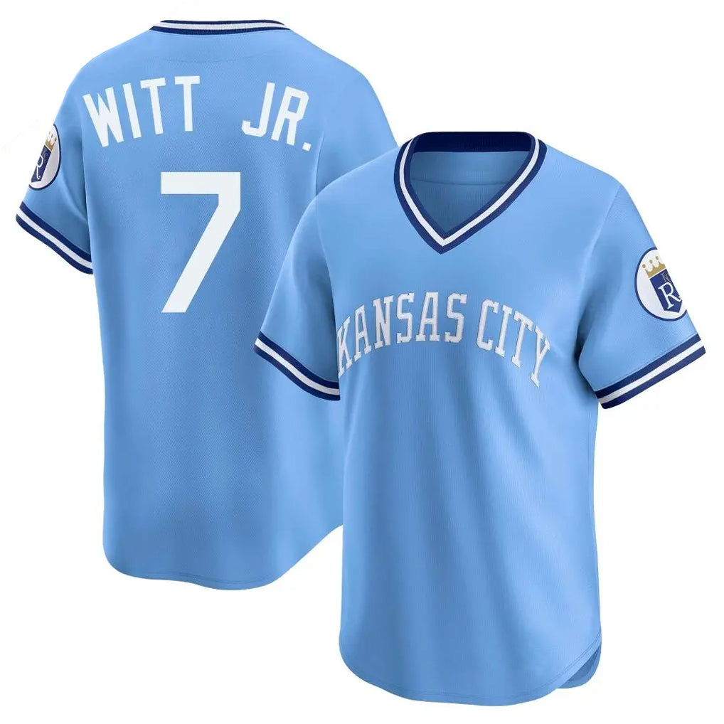 KC.Royals #7 Bobby Witt Jr. Player Light Blue Limited Throwback Cooperstown Collection T-shirt Edoa Stitched Jerseys