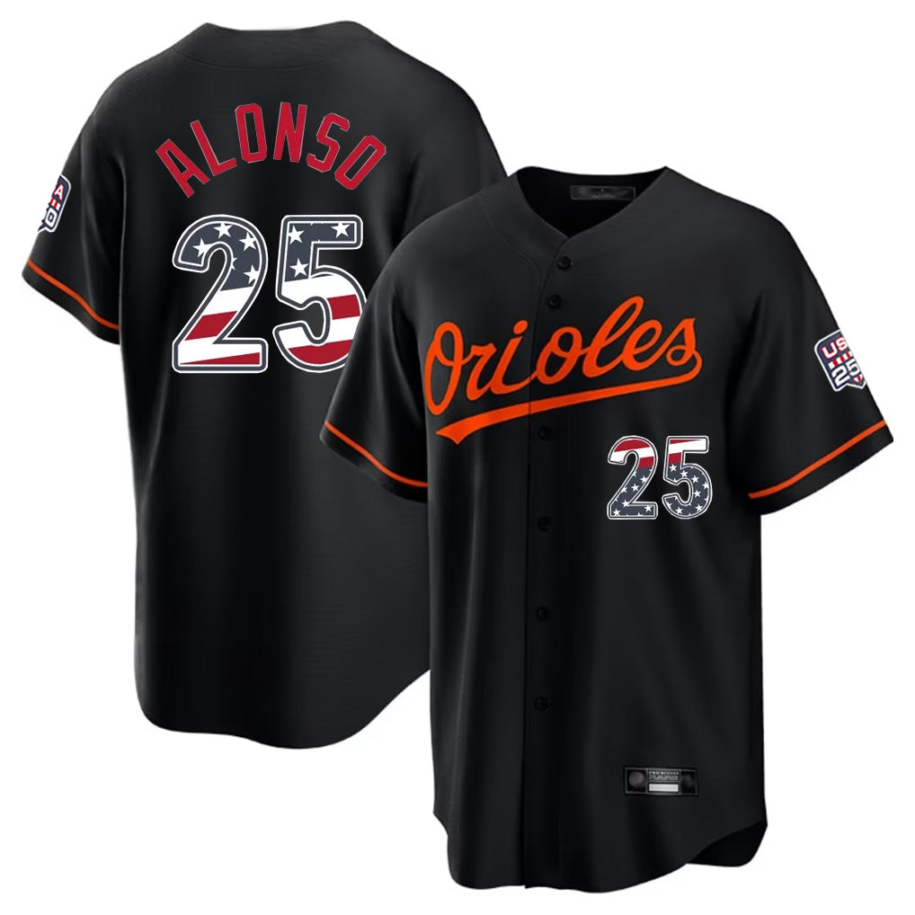 B.Orioles #25 Pete Alonso Player Black USA 250 Fourth of July Home Game Edoa Stitched Jerseys
