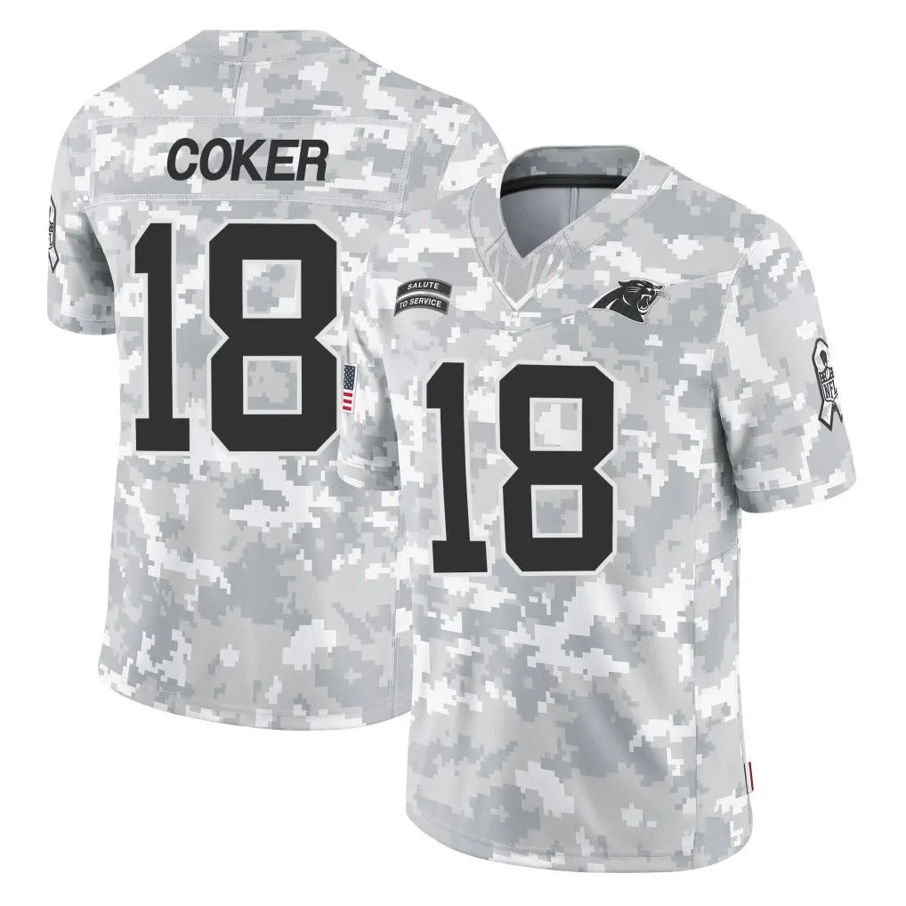 C.Panthers #18 Jalen Coker Player Arctic Camo Salute to Service Limited Game Edoa Stitched Jerseys