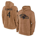 B.Ravens #4 Zay Flowers Player Brown Salute to Service Pullover Hoodie Edoa Stitched Jerseys