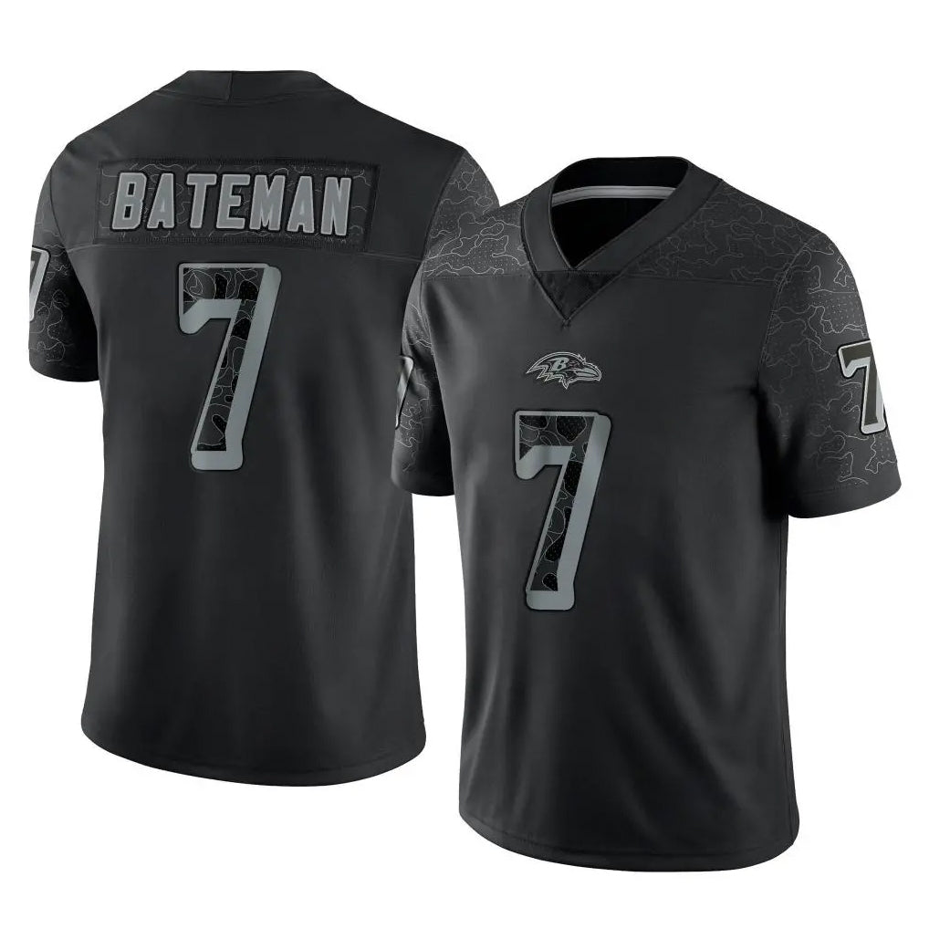 B.Ravens #7 Rashod Bateman Player Black REFLECTIVE Limited Edoa Stitched Jerseys