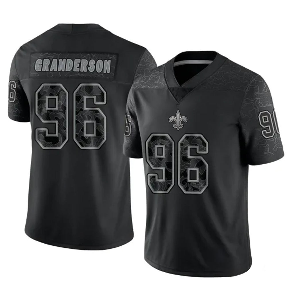 NO.Saints #96 Carl Granderson Player Black Limited Reflective Home Game Edoa Stitched Jerseys
