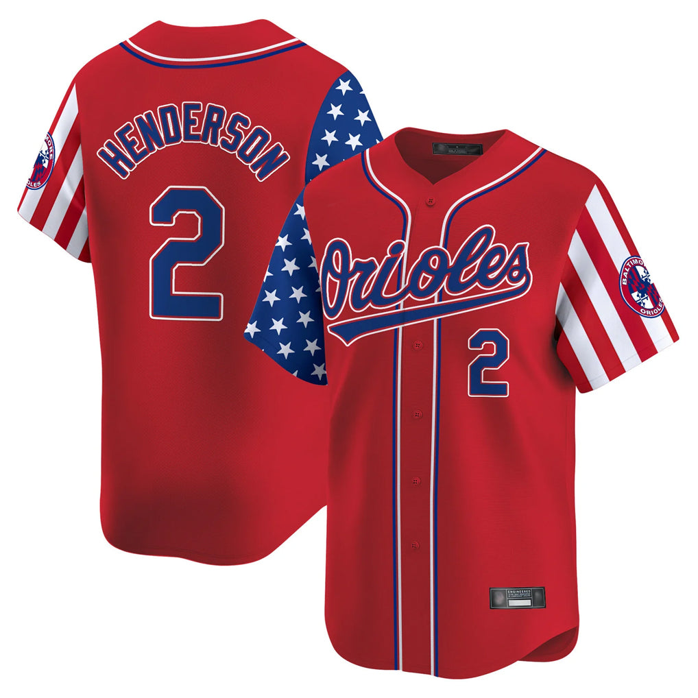 B.Orioles #2 Gunnar Henderson Player Red Independence Day Vapor Premier Limited Home Game Edoa Stitched Jerseys