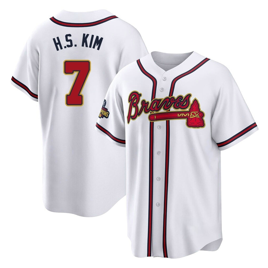 A.Braves #7 Ha-Seong Kim Player White Gold Home Game Edoa Stitched Jerseys