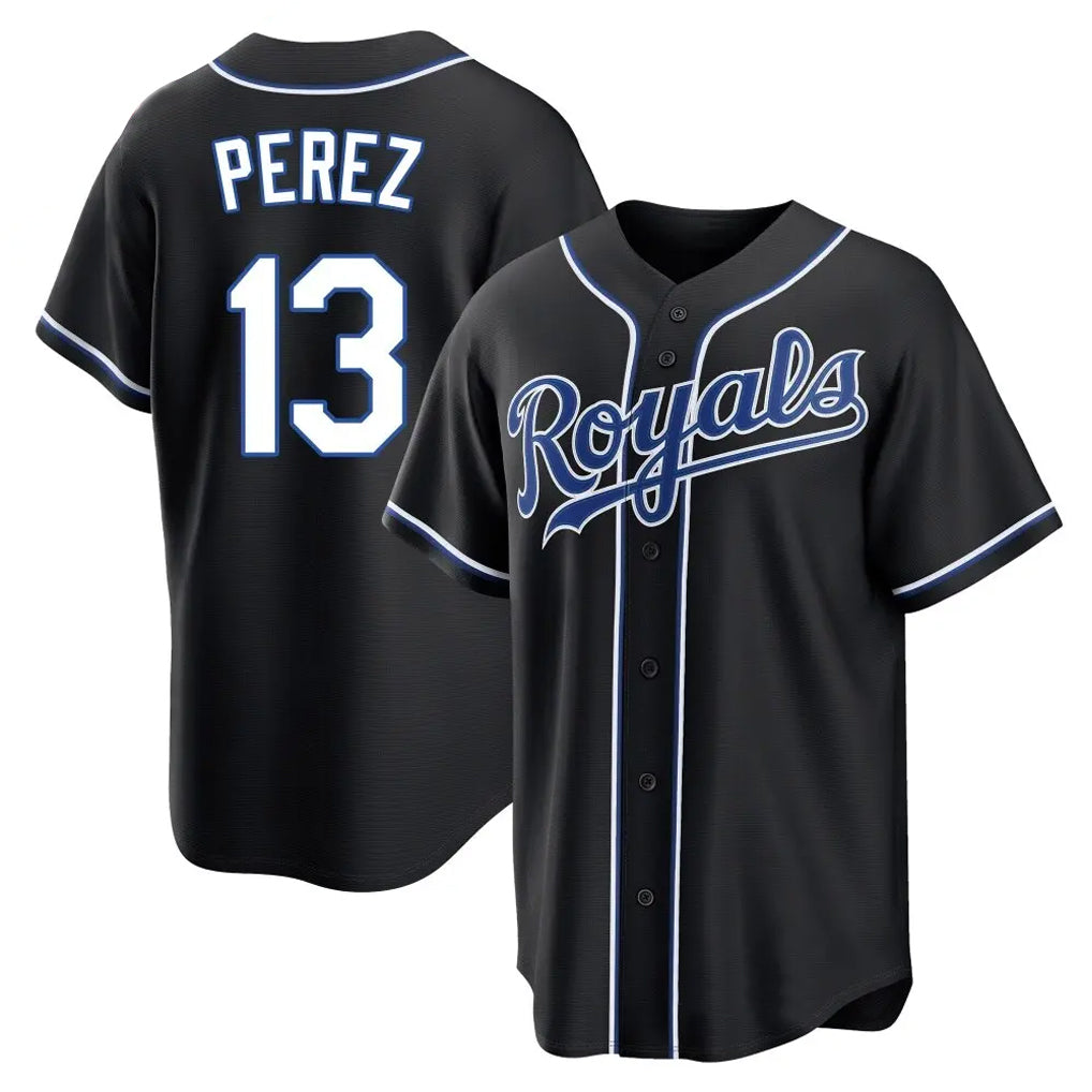 KC.Royals #13 Salvador Perez Player Black Carbon Fashion Home Game Edoa Stitched Jerseys