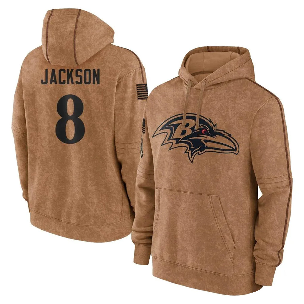 B.Ravens #8 Lamar Jackson Player Brown Salute to Service Pullover Hoodie Edoa Stitched Jerseys