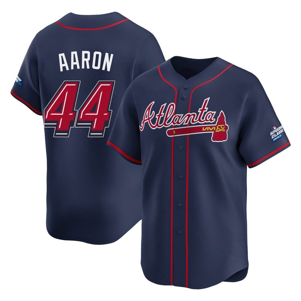 A.Braves #44 Hank Aaron Player Navy 2025 Speedway Classic Home Game Edoa Stitched Jerseys