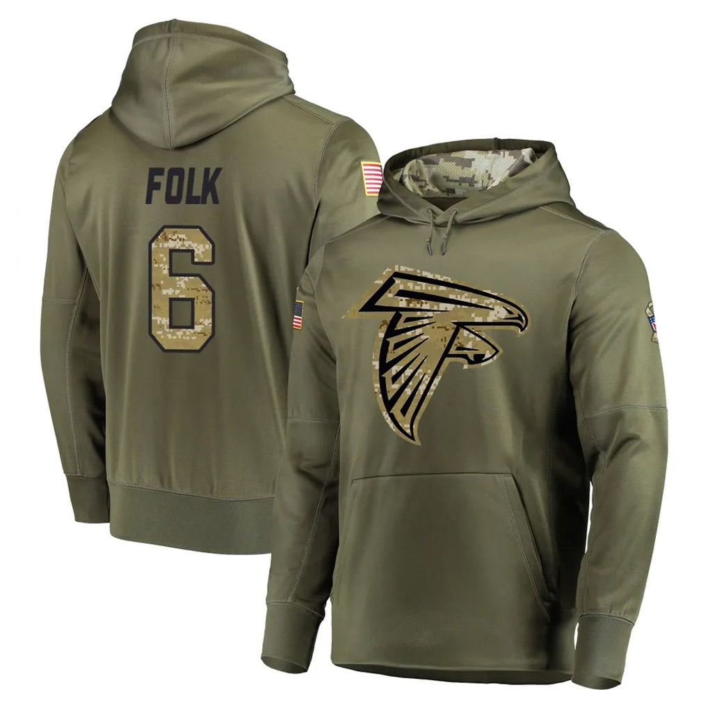 A.Falcons #6 Nick Folk Player Olive Salute to Service Hoodies Edoa Stitched Jerseys