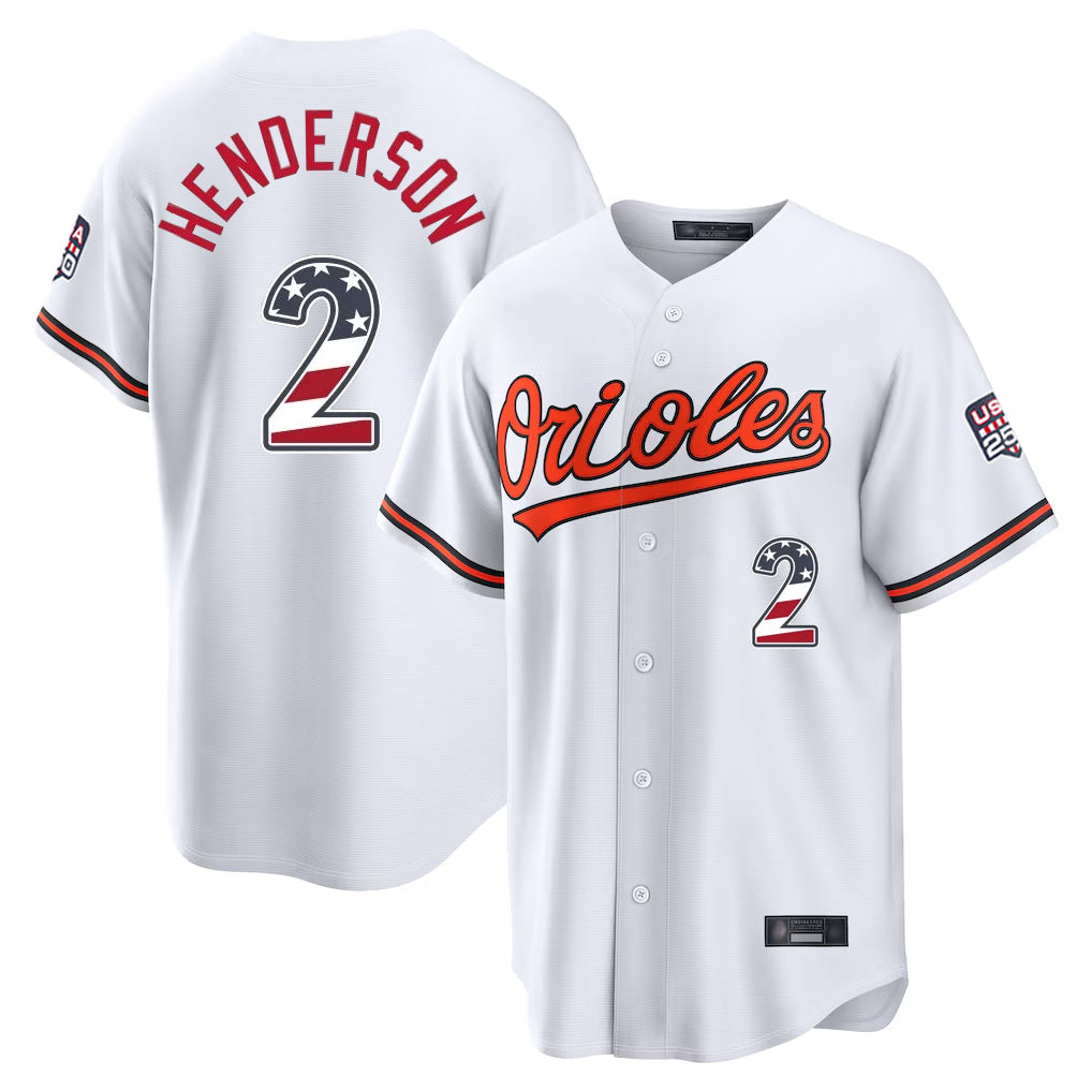 B.Orioles #2 Gunnar Henderson Player White USA 250 Fourth of July Home Game Edoa Stitched Jerseys