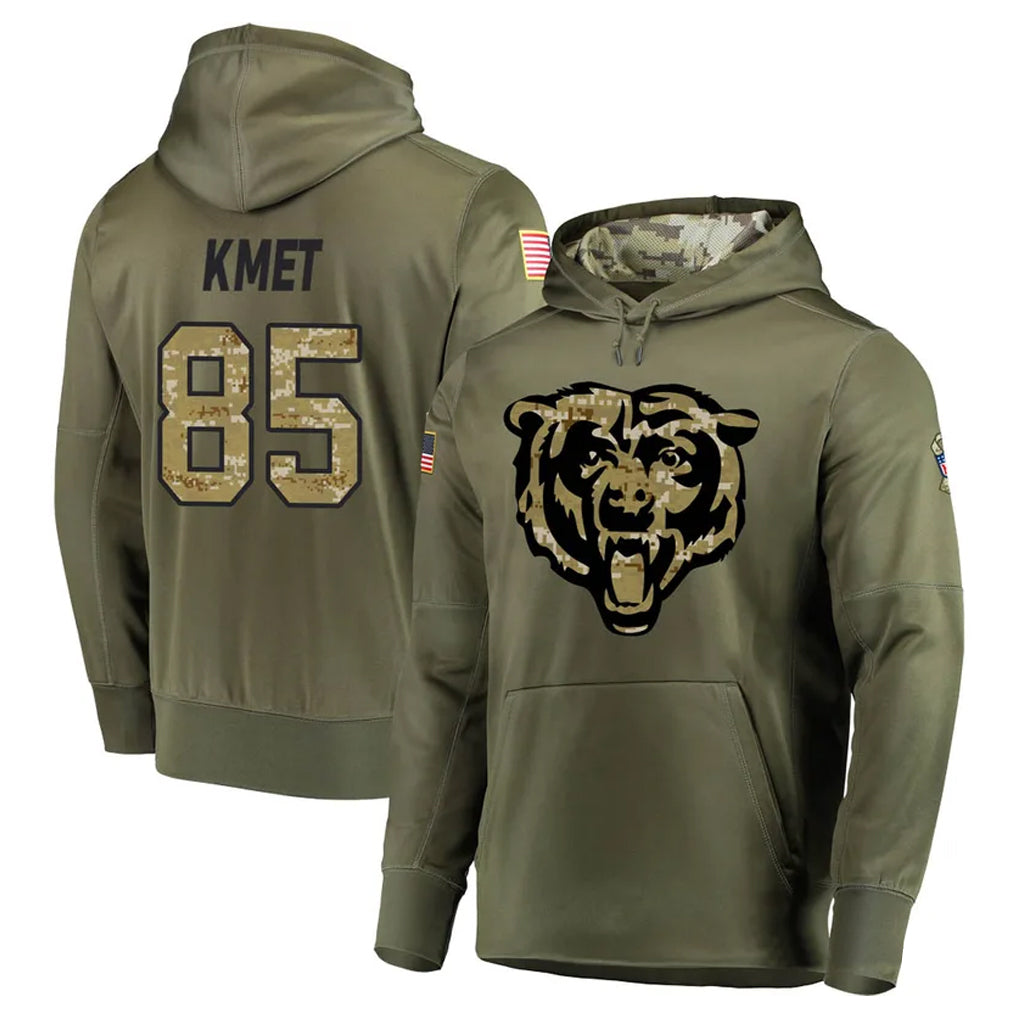C.Bears #85 Cole Kmet Player Olive Salute to Service Pullover Hoodies Home Game Edoa Stitched Jerseys