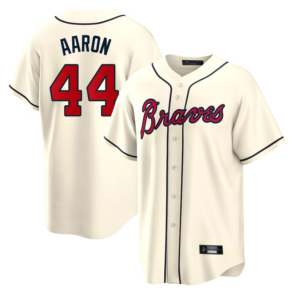 A.Braves #44 Hank Aaron Player Cream Home Game Edoa Stitched Jerseys