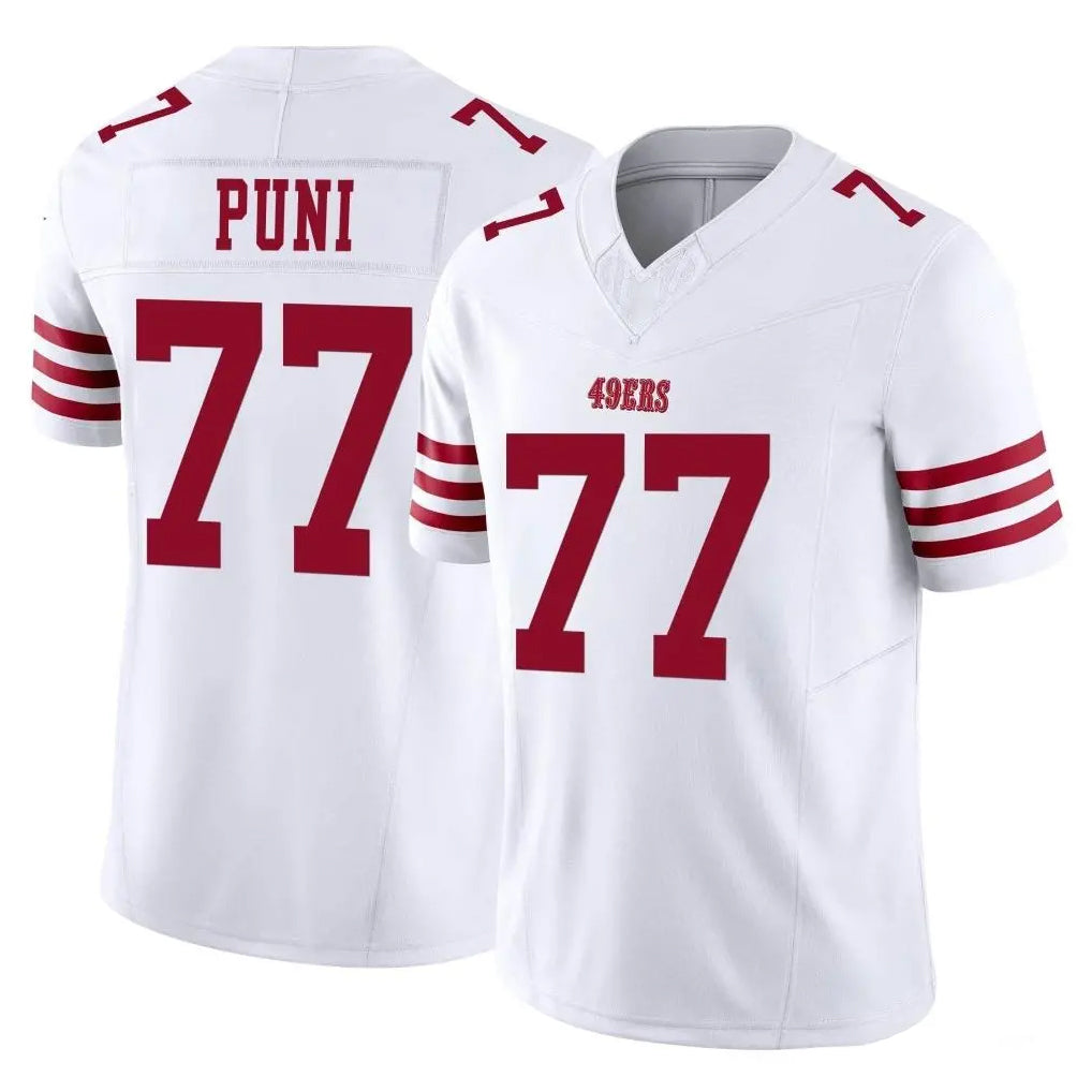 SF.49ers #77 Dominick Puni Player White Limited Vapor F.U.S.E. Home Game Edoa Stitched Jerseys