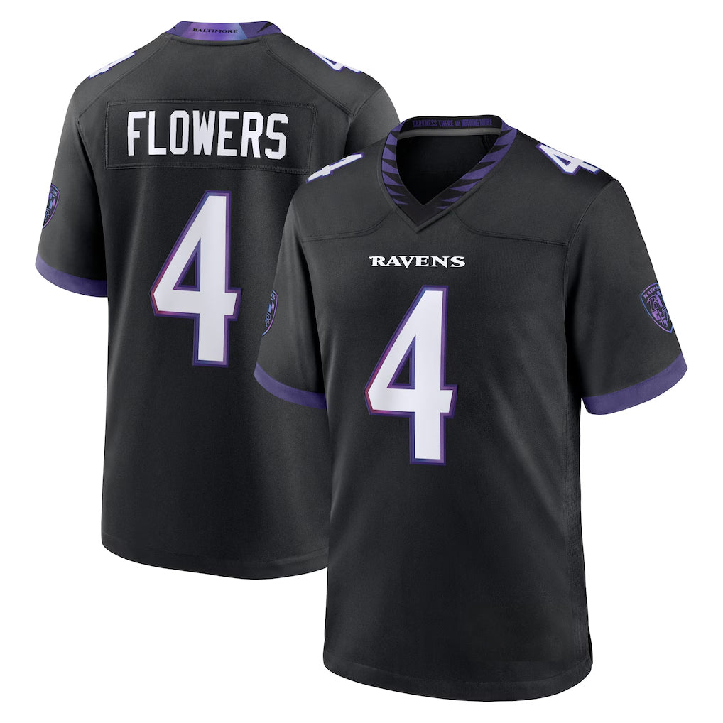 B.Ravens #4 Zay Flowers Player Black Home Game Edoa Stitched Jerseys