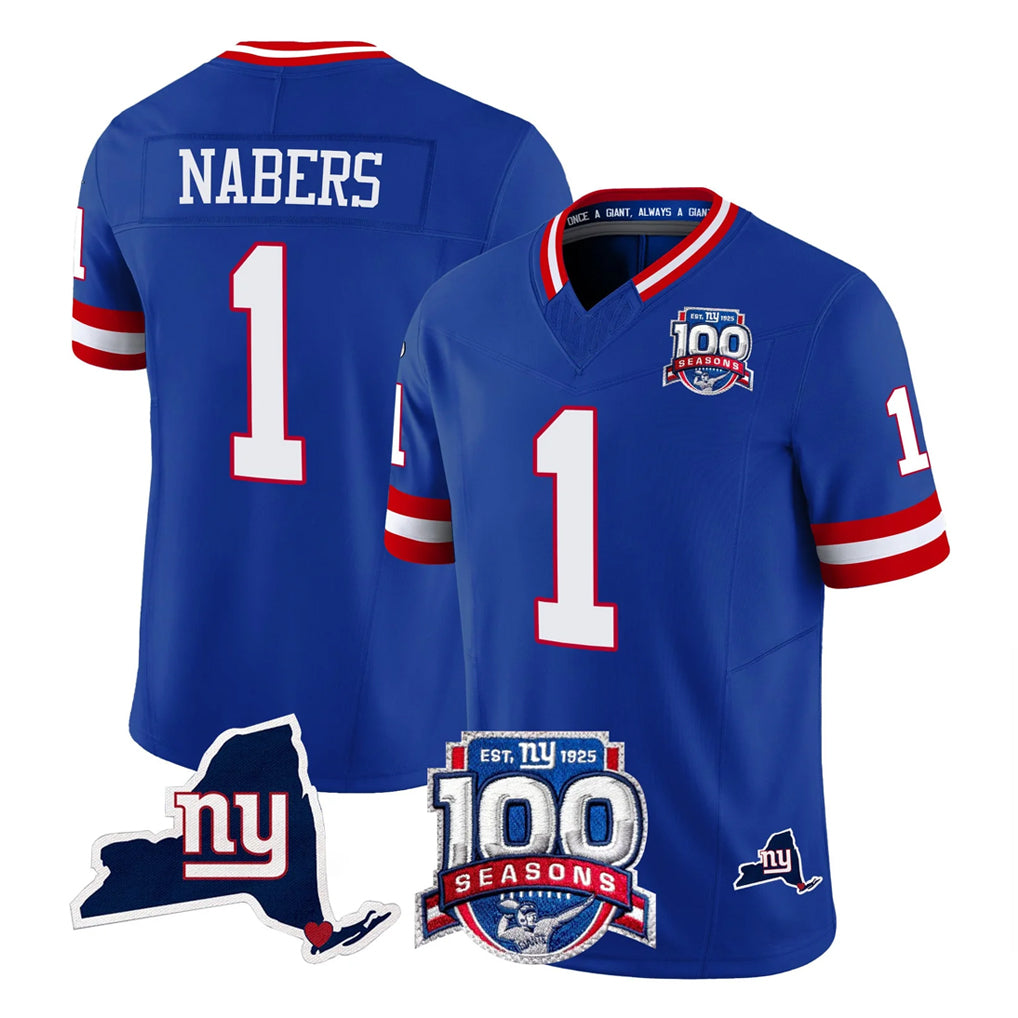 NY.Giants #1 Malik Nabers Player Royal 100th Season & State Patch Vapor Limited Home Game Edoa Stitched Jerseys