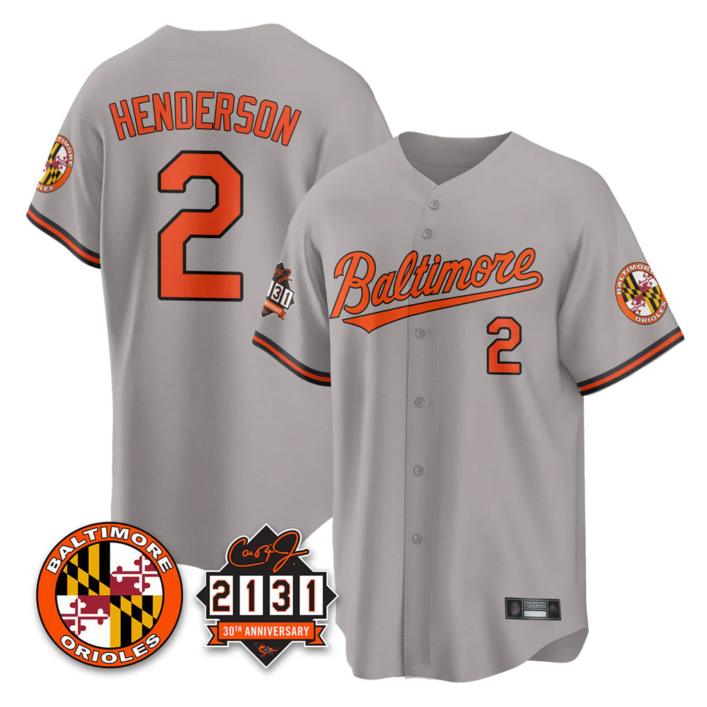 B.Orioles #2 Gunnar Henderson Player Gray 30th Anniversary of 2131 Home Game Edoa Stitched Jerseys