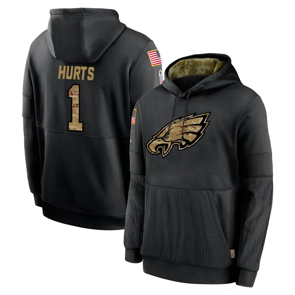 P.Eagles #1 Jalen Hurts Player Black Salute to Service Hoodies Limited Game Edoa Stitched Jerseys