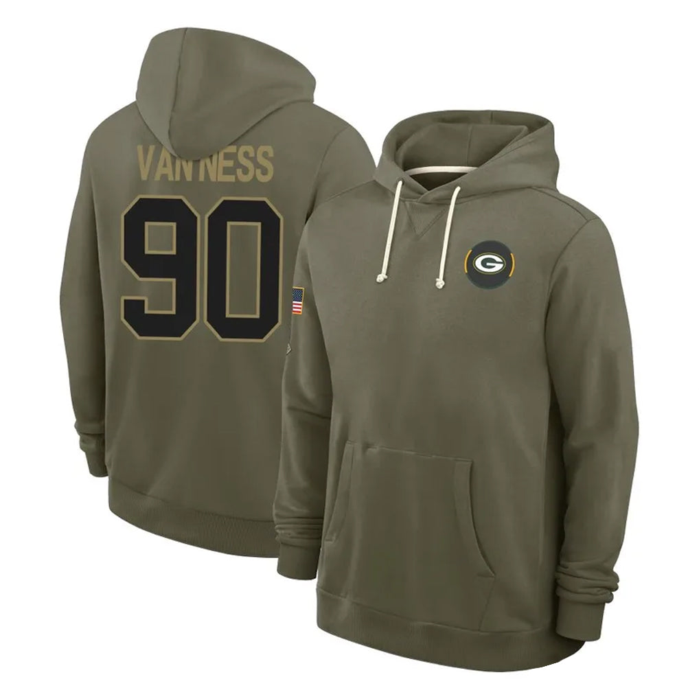 GB.Packers #90 Lukas Van Ness Player Olive Salute to Service Pullover Hoodies Limited Edoa Stitched Jerseys