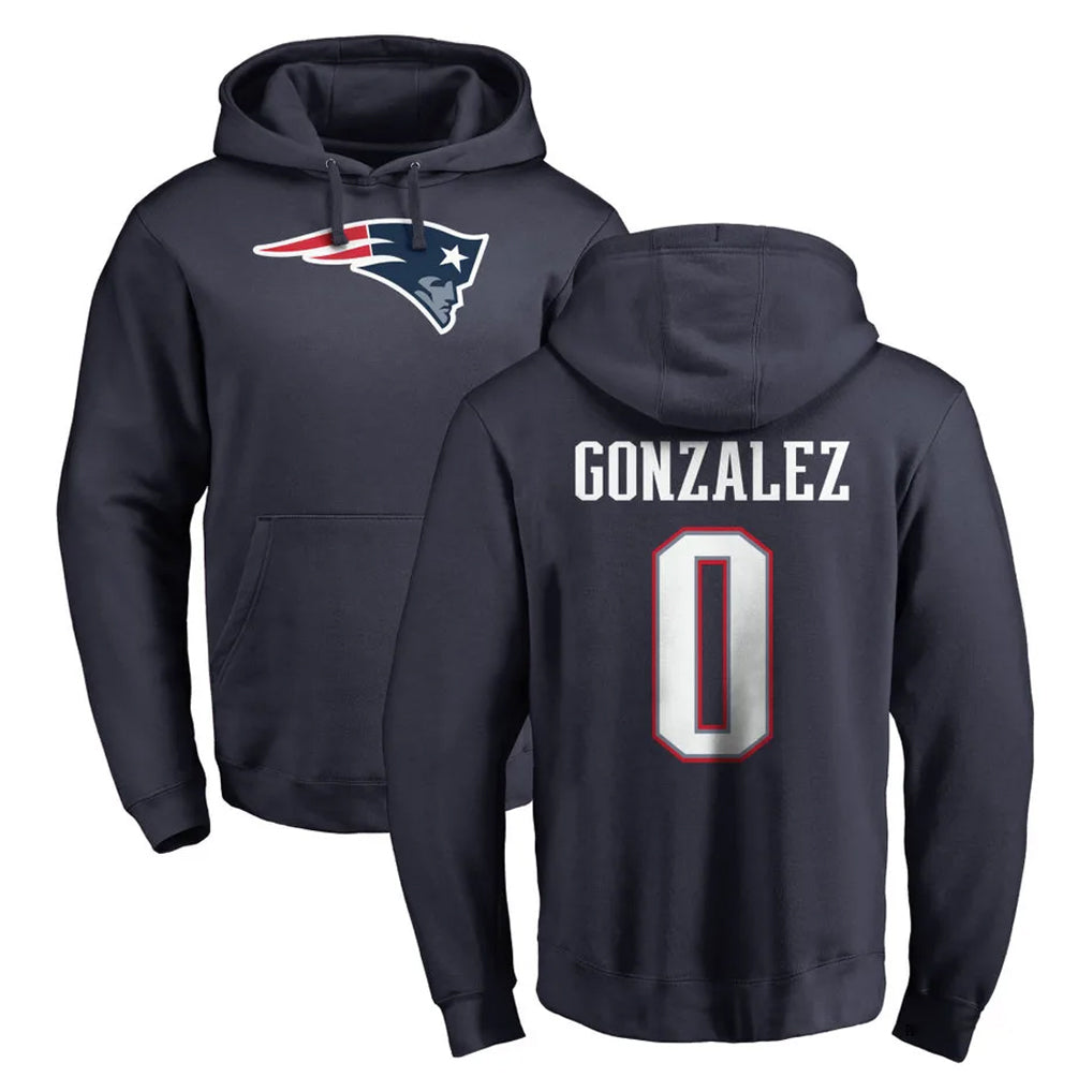 NE.Patriots #0 Christian Gonzalez Player Navy LOGO Pullover Hoodies Home Game Edoa Stitched Jerseys