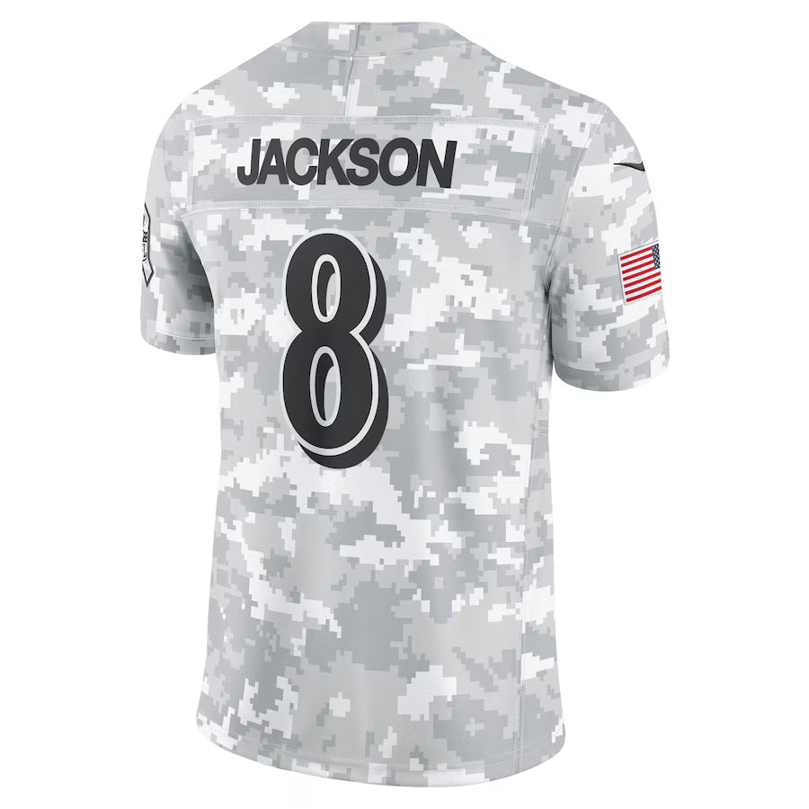 B.Ravens #8 Lamar Jackson Player Arctic Camo Salute to Service Limited Edoa Stitched Jerseys