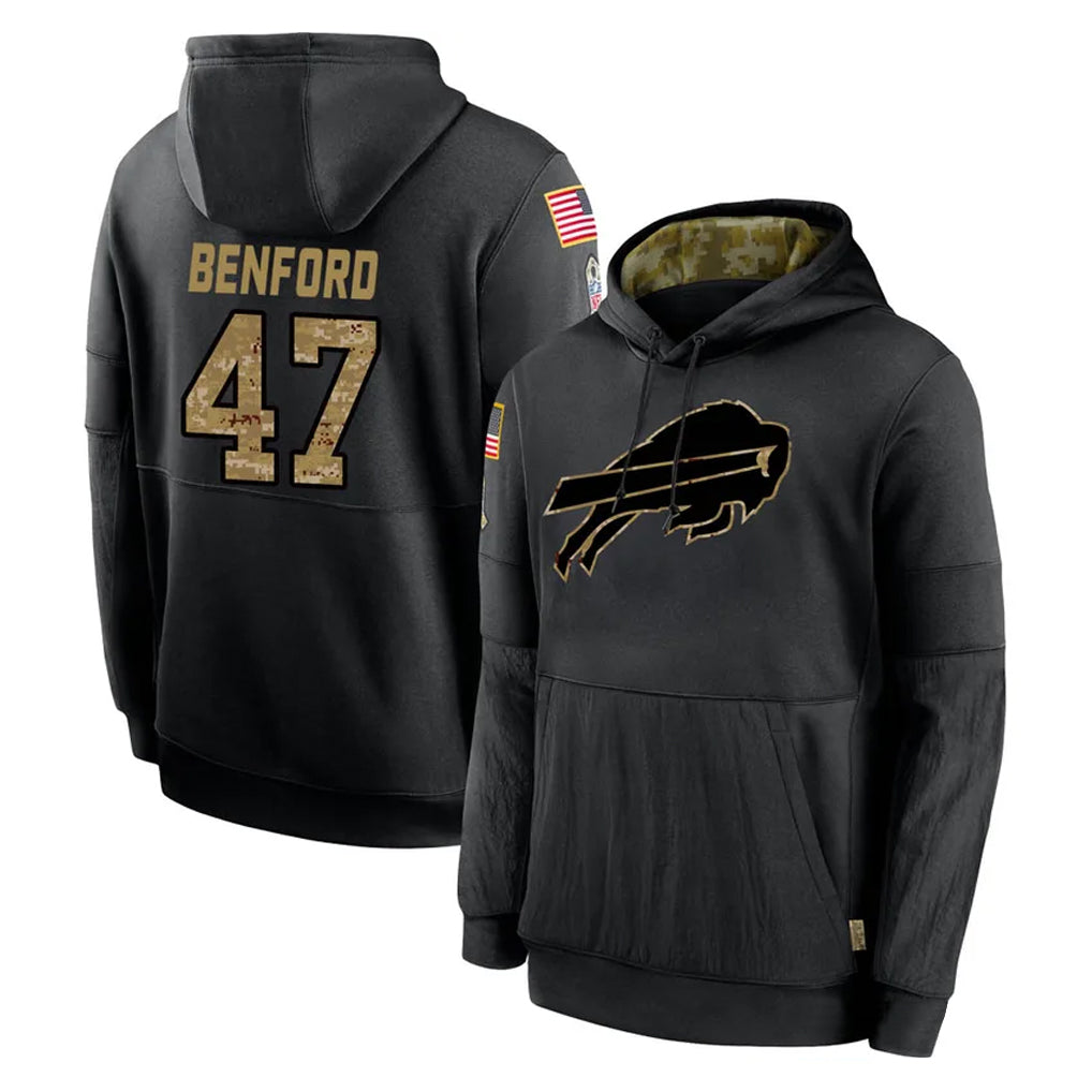 B.Bills #47 Christian Benford Player Black Salute to Service Hoodies Hame Edoa Stitched Jerseys