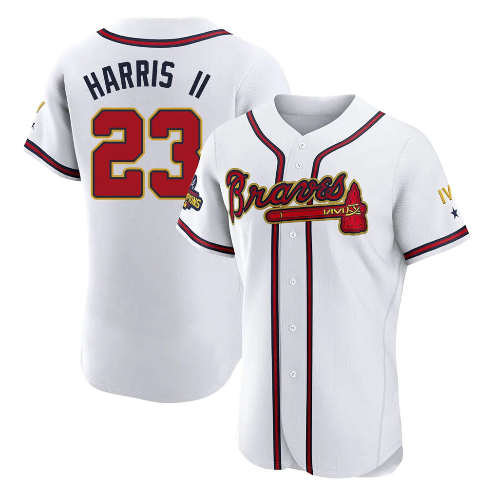 A.Braves #23 Michael Harris II Player White Gold Limited Elite Home Game Edoa Stitched Jerseys