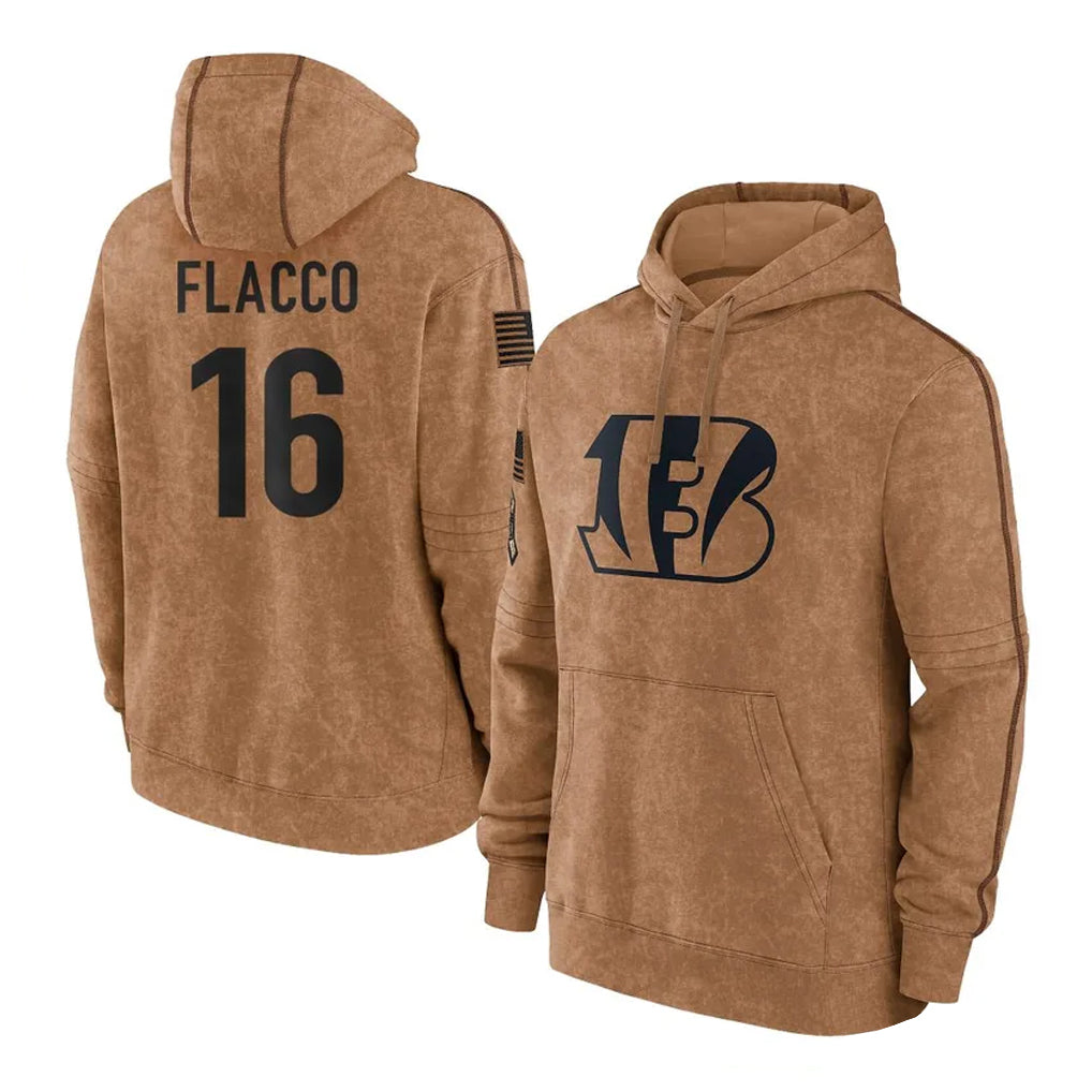 C.Bengals #16 Joe Flacco Player Brown Salute to Service Pullover Hoodie Limited Edoa Stitched Jerseys