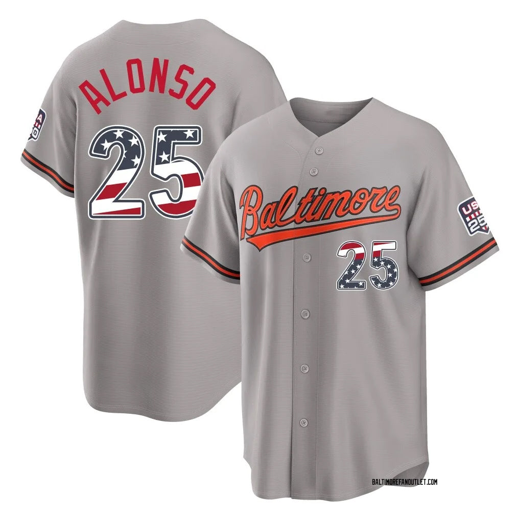 B.Orioles #25 Pete Alonso Player Gray USA 250 Fourth of July Home Game Edoa Stitched Jerseys