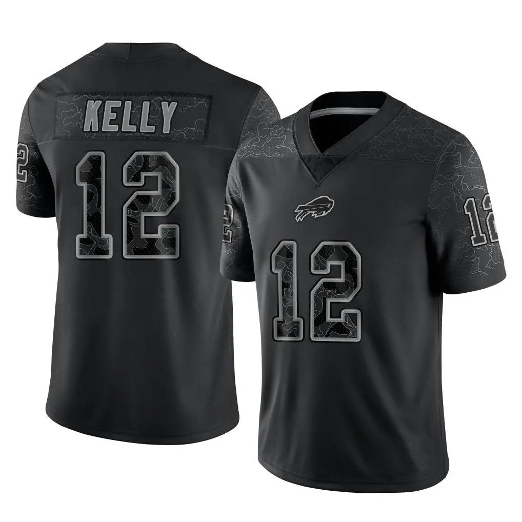 B.Bills #12 Jim Kelly Player Black RFLCTV Limited Edoa Stitched Jerseys