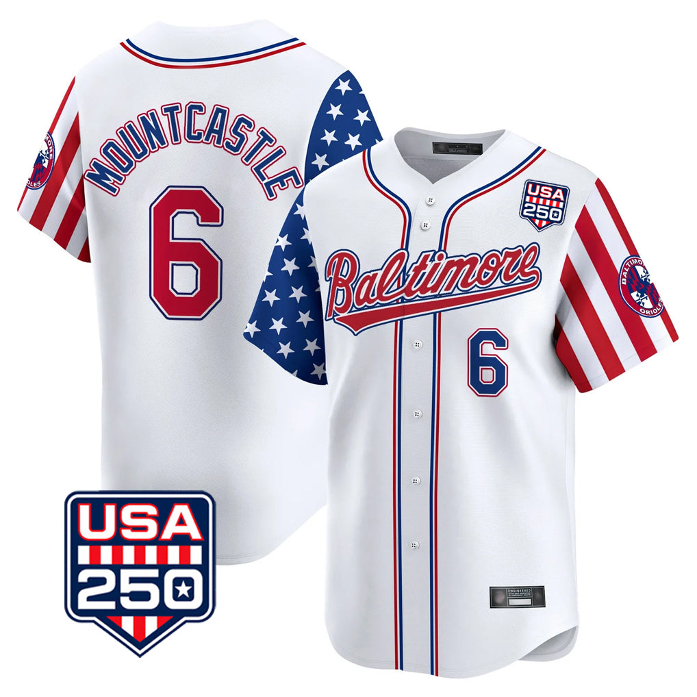 B.Orioles #6 Ryan Mountcastle Player White USA 250 Independence Day Vapor Premier Limited Home Game Edoa Stitched Jerseys