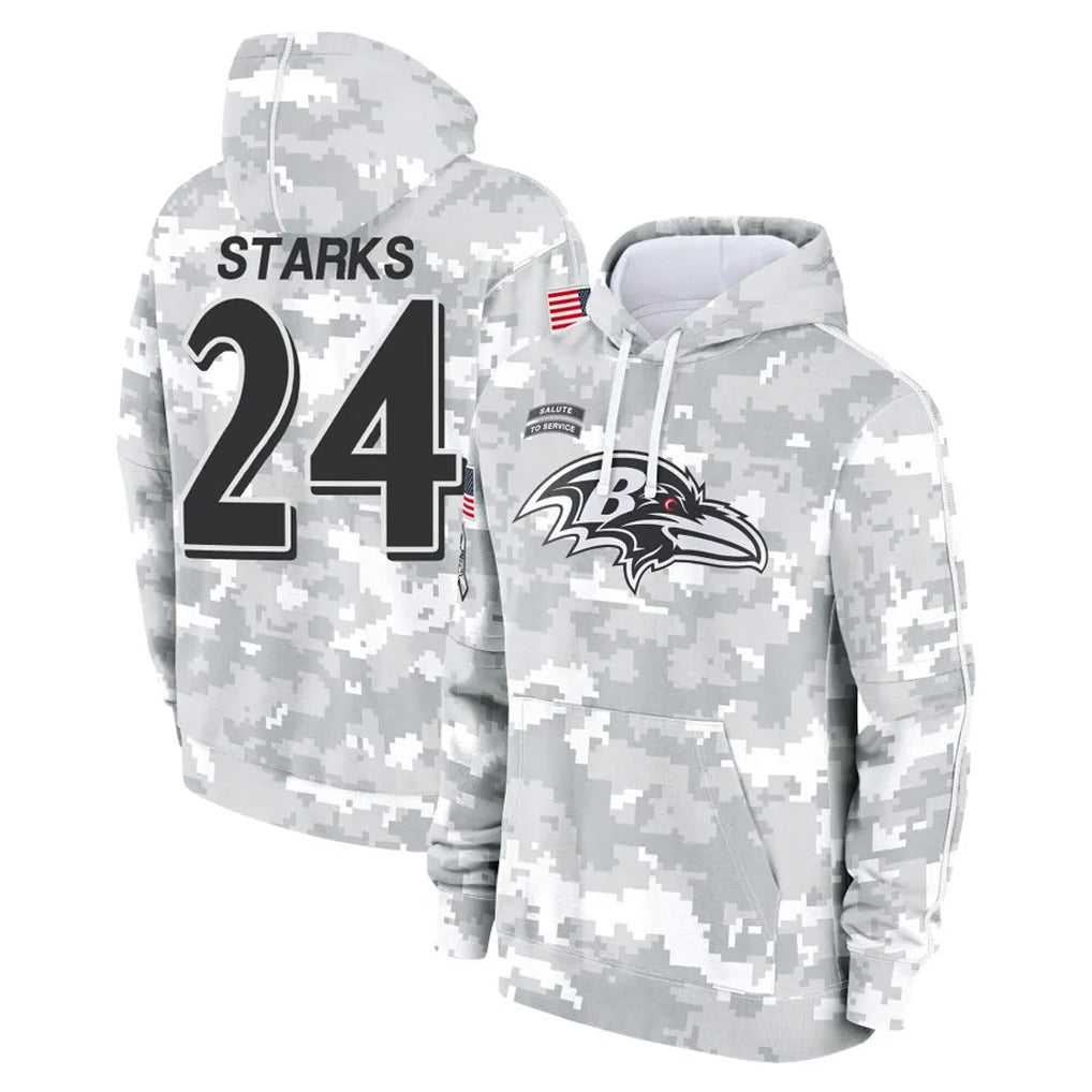 B.Ravens #24 Malaki Starks Player Arctic Camo Salute to Service Pullover Hoodie Edoa Stitched Jerseys