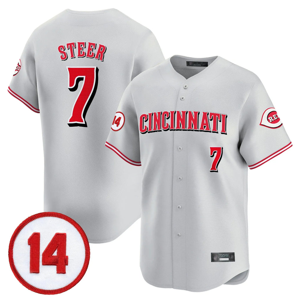 C.Reds #7 Spencer Steer Player Gray Vapor Premier Limited Home Edoa Stitched Jerseys